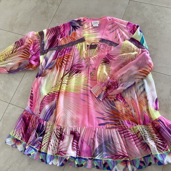 Camilla South Beach Sunrise 100% Silk Gathered Yoke Short Dress Blouson Sleeves - Picture 12 of 16